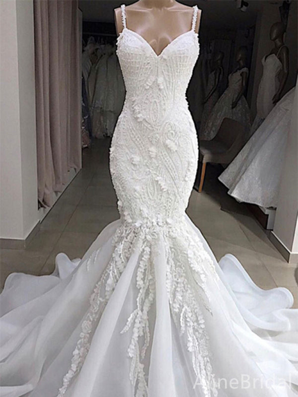 Elegant V-neck Spaghetti Strap Mermaid Long Wedding Dresses,WD3092