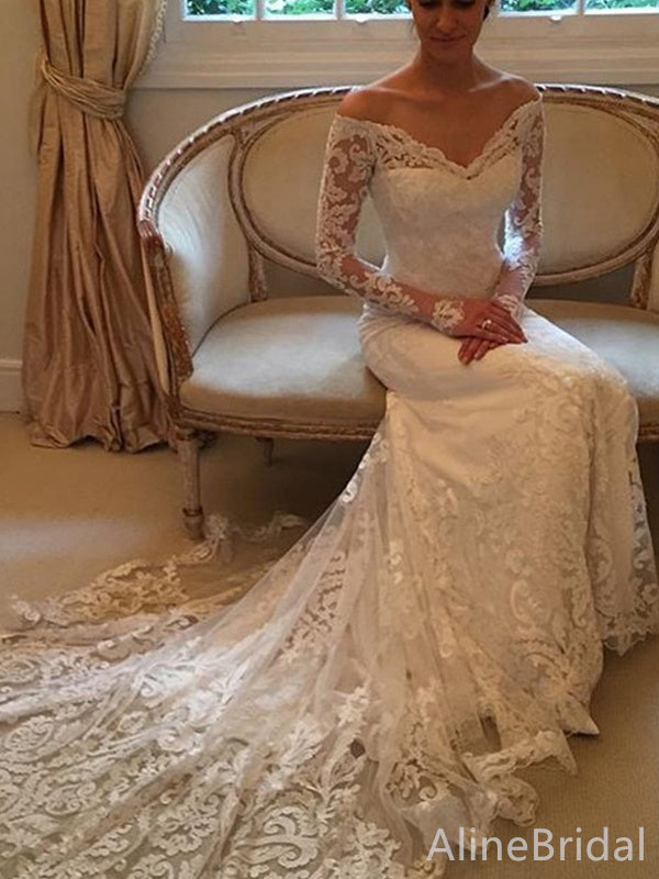 Gorgeous V-neck Off-Shoulder Long Sleeves Mermaid Long Wedding Dresses,WD3096