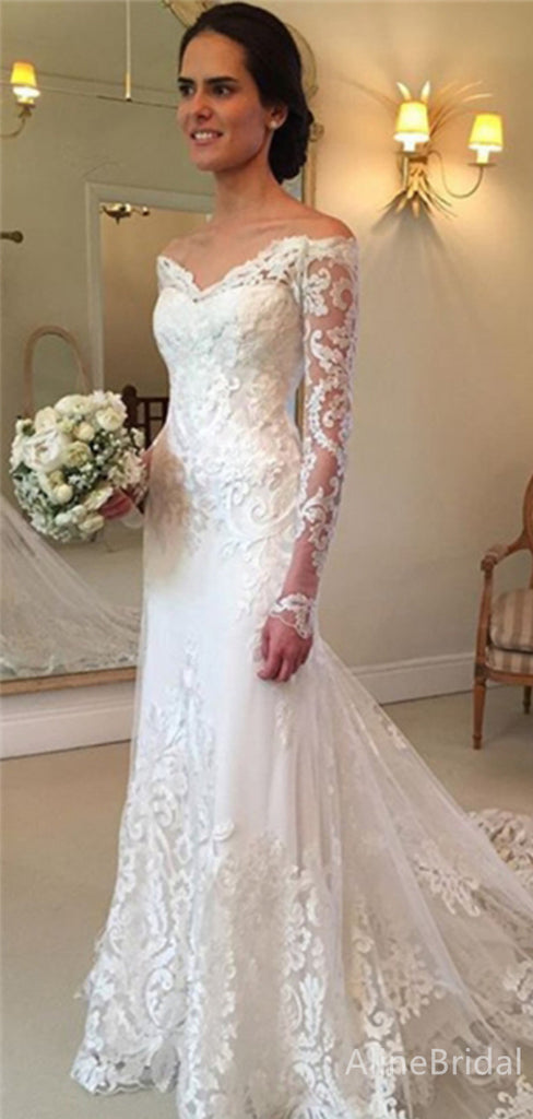 Gorgeous V-neck Off-Shoulder Long Sleeves Mermaid Long Wedding Dresses,WD3096