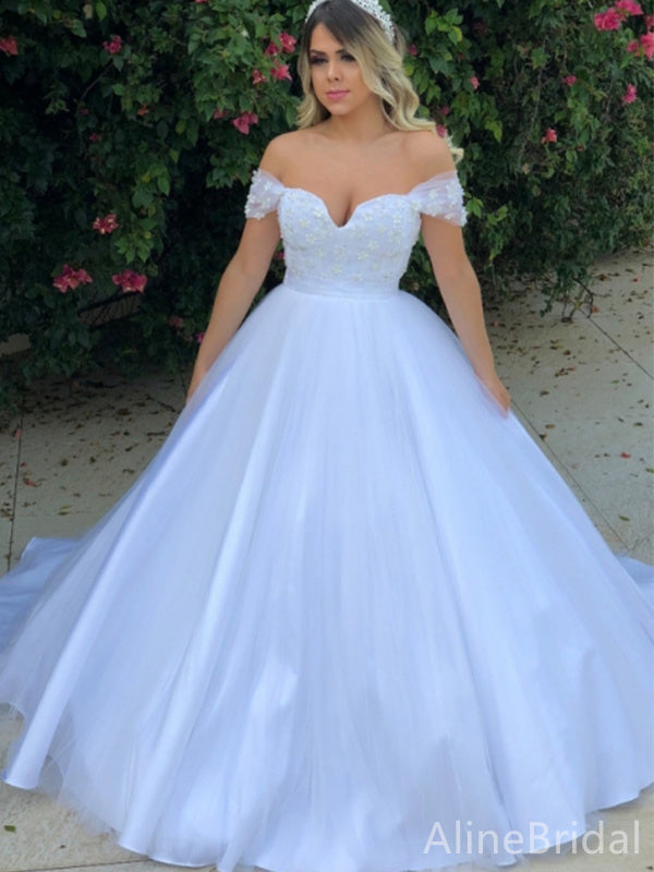 Elegant V-neck Off-Shoulder Lace A-line Long Wedding Dresses,WD3103