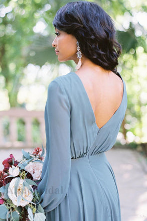 Elegant V-neck Long sleeves A-line Long Bridesmaid Dress, PD3153