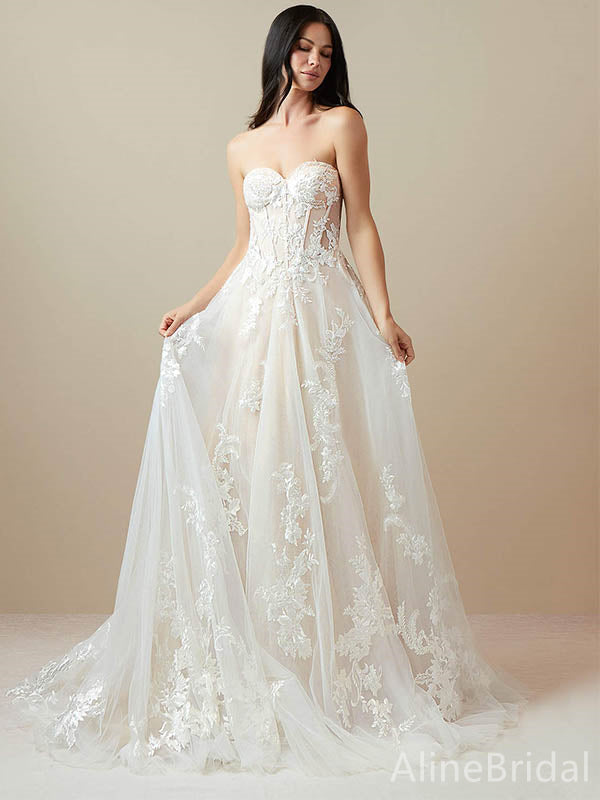 Gorgeous Sweatheart Strapless Lace A-line Long Wedding Dresses,WD3071