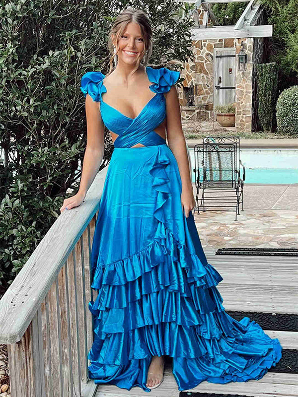 Sexy V-neck Sleeveless Ruffle Aline Floor Length Prom Dress, PD3649