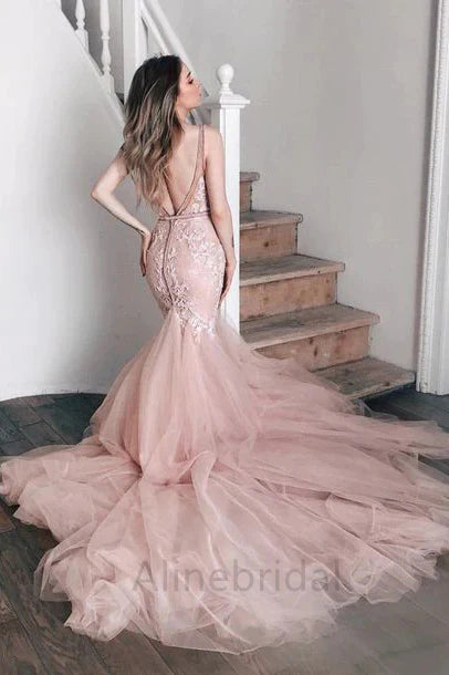 Elegant V-neck Sleeveless Mermaid Long Prom Dress, PD3698