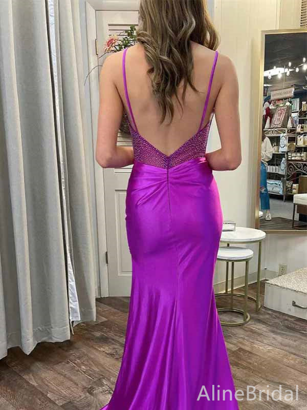 Elegant V-neck Spaghetti Strap Split Side Mermaid Long Prom Dress,PD381781