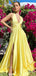 Yellow Elegant V-neck Split Side A-line Long Prom Dress,PD381790