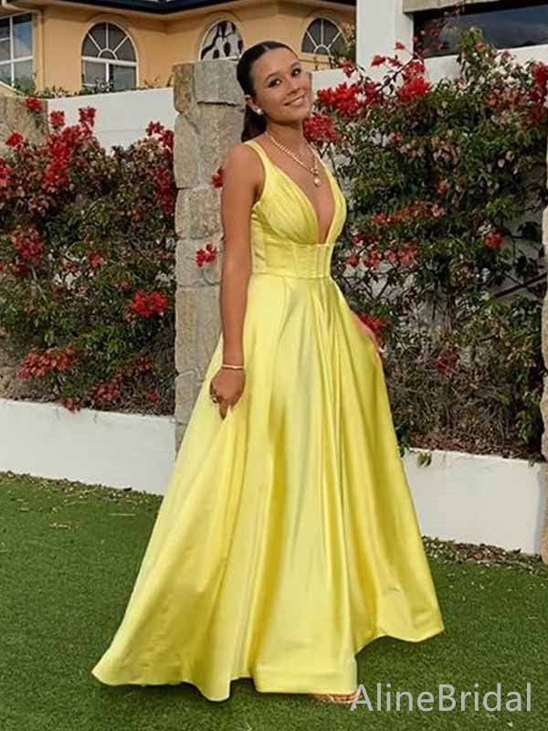 Simple Yellow V-neck A-line Long Prom Dress,PD381818