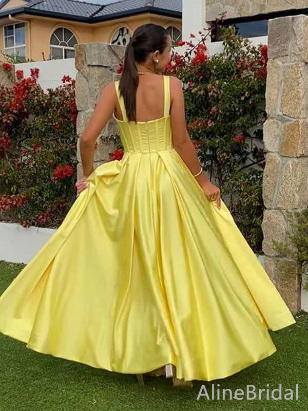 Simple Yellow V-neck A-line Long Prom Dress,PD381818