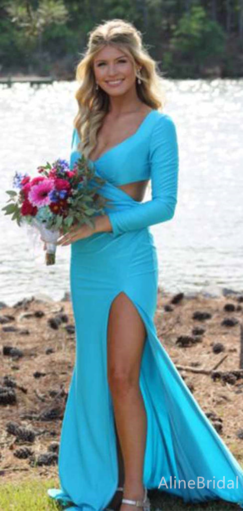 Elegant V-neck Long Sleeves Mermaid Split Side Long Prom Dress,PD381827