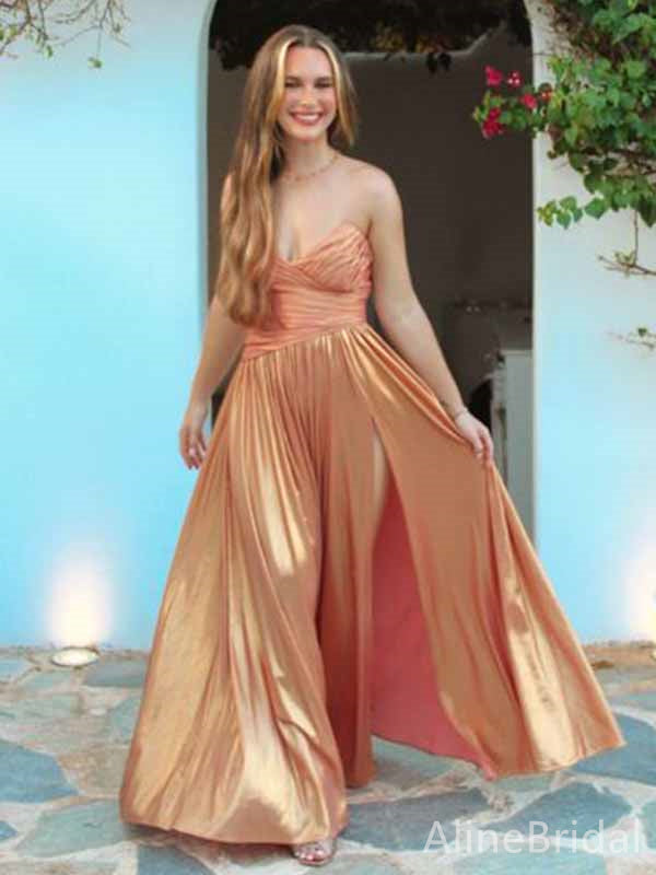 Sexy V-neck Strapless Split Side A-line Long Prom Dress,PD381859