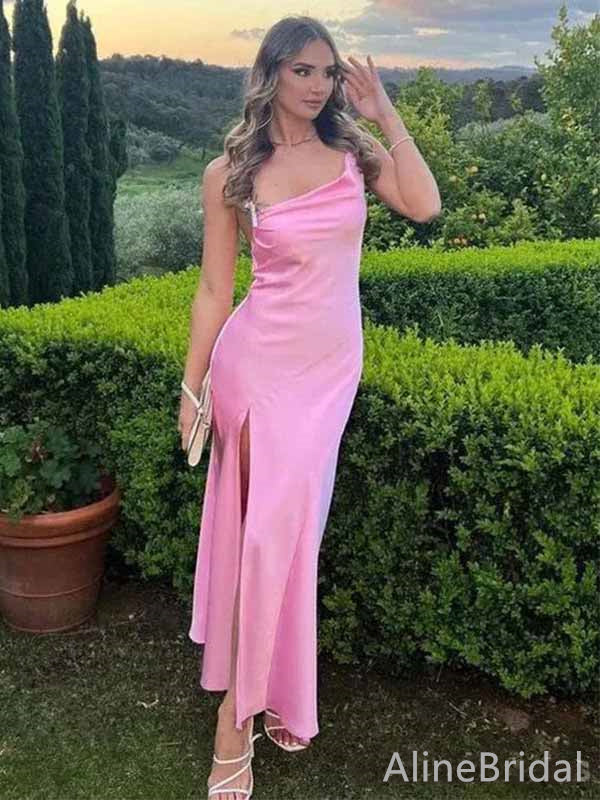 Simple Pink One Shoulder Split Side Mermaid Long Prom Dress,PD381875