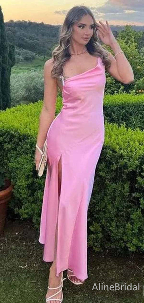 Simple Pink One Shoulder Split Side Mermaid Long Prom Dress,PD381875