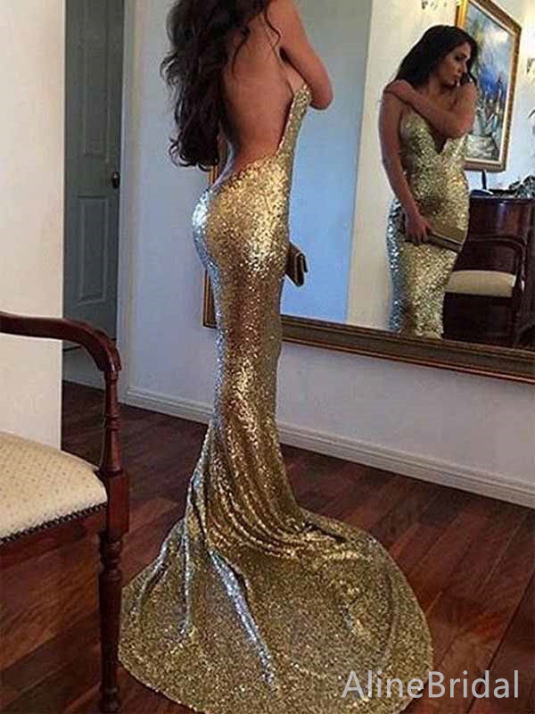 Sexy Deep V-neck Spaghetti Strap Mermaid Long Prom Dress,PD381880