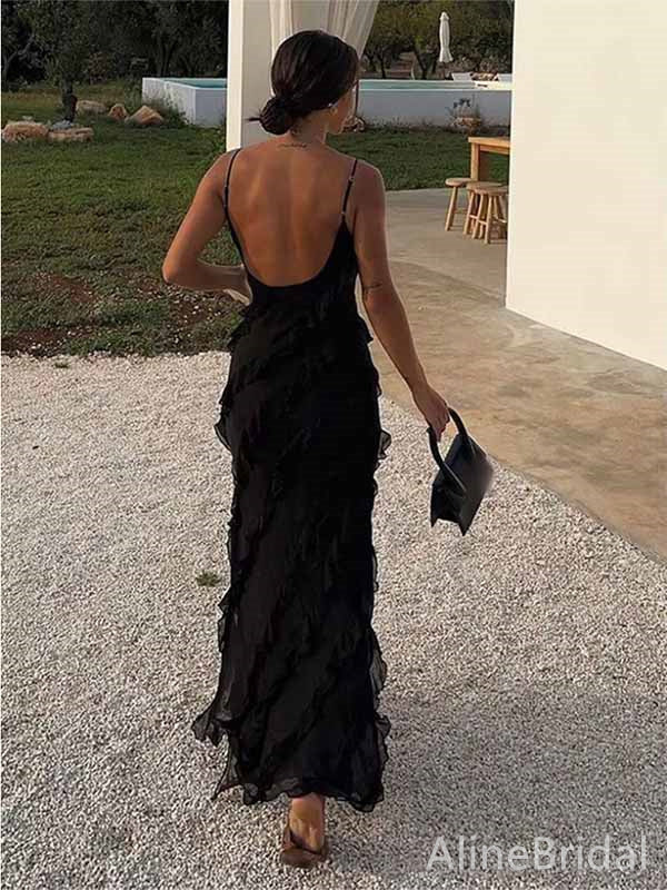 Sexy Black V-neck Spaghetti Strap Backless Mermaid Long Prom Dress,PD381896