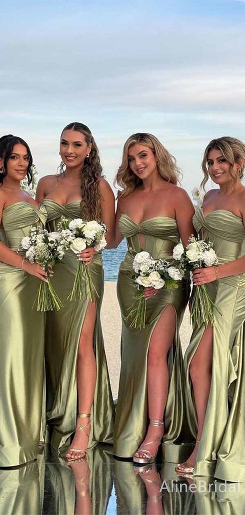 Elegant Sweetheart Strapless Split Side Mermaid Long Bridesmaid Dress,PD3298