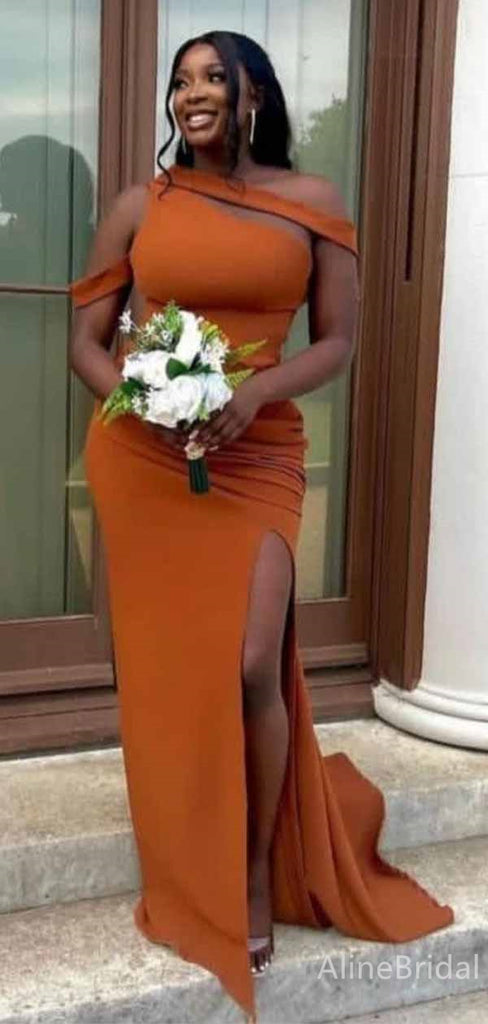 Elegant Orange One Shoulder Split Side Mermaid Long Prom Dress,PD381920