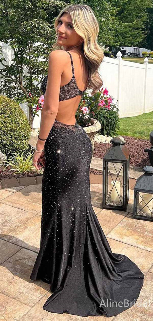 Gorgeous V-neck Black Spaghetti Strap Mermaid Long Prom Dress,PD381931