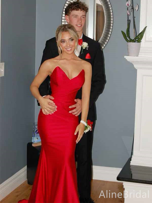 Simple Red V-neck Strapless Mermaid Long Prom Dress,PD381938