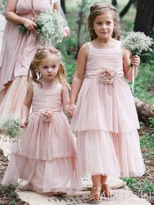 Elegant Square Light Pink A-line Long Flower Girl Dresses, FGS181