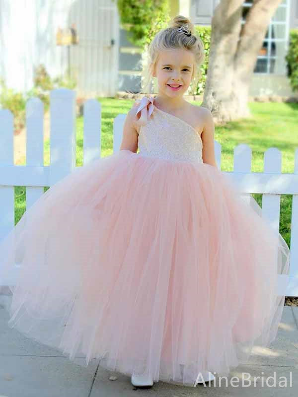 Elegant One Shoulder Light Pink A-line Long Flower Girl Dresses, FGS186