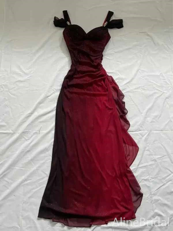 Elegant Burgundy V-neck Straps A-line Long Prom Dress,PD381948