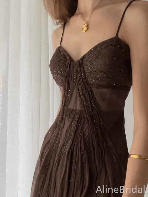 Elegant Brown V-neck Spaghetti Strap A-line Long Prom Dress,PD381951