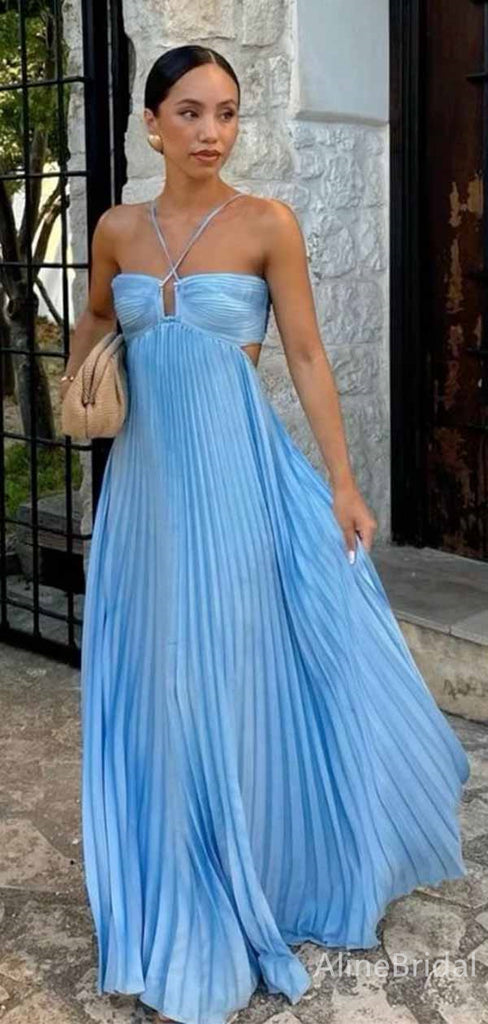 Unique Blue Halter Spaghetti Strap A-line Long Prom Dress,PD381986