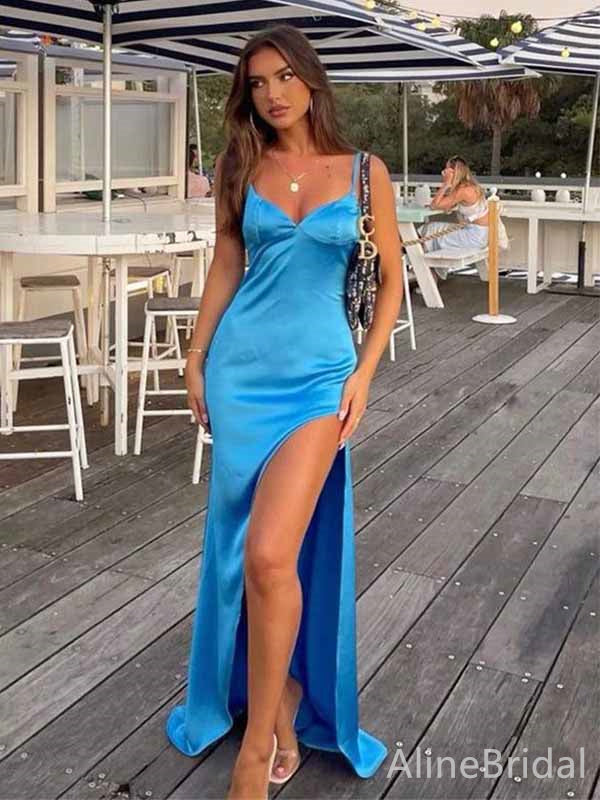 Elegant Blue V-neck Spaghetti Strap Side-Slit Mermaid Long Prom Dress,PD381987