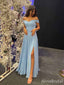 Elegant Blue V-neck Off-the-Shoulder Side-Slit A-line Long Prom Dress,PD381992