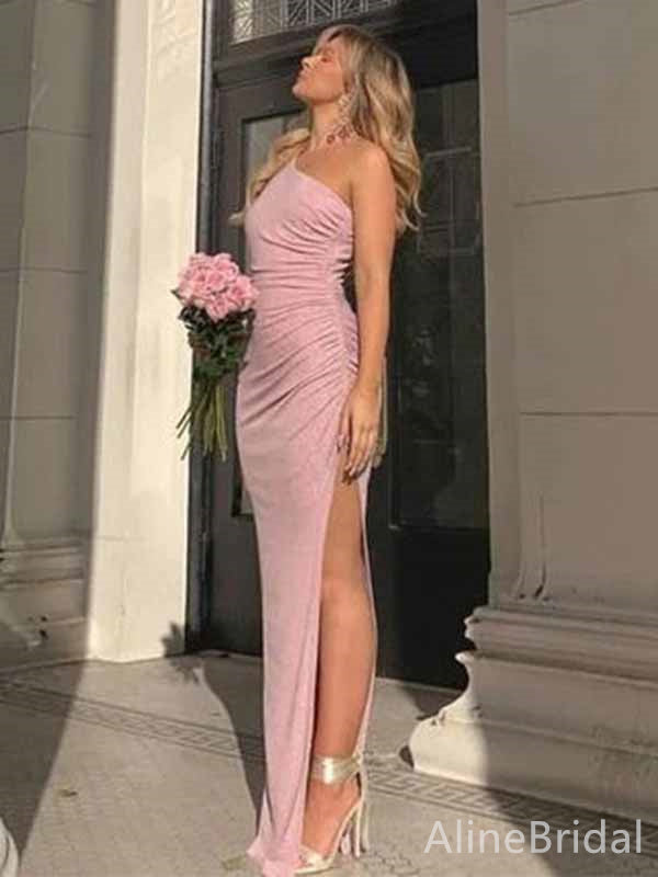 Elegant Pink One Shoulder Side-Slit Mermaid Long Prom Dress,PD382003