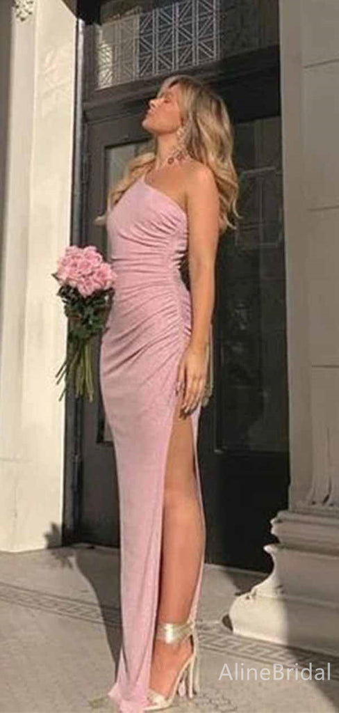 Elegant Pink One Shoulder Side-Slit Mermaid Long Prom Dress,PD382003