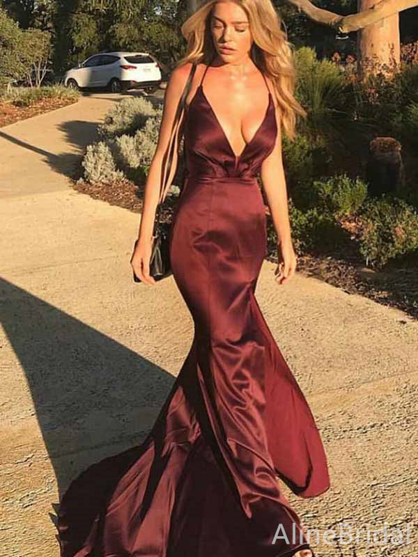 Sexy Burgundy V-neck Spaghetti Strap Side Slit Mermaid Long Prom Dress,PD382016