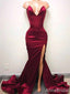 Elegant V-neck Burgundy Strapless Side Slit Mermaid Long Prom Dress,PD382035