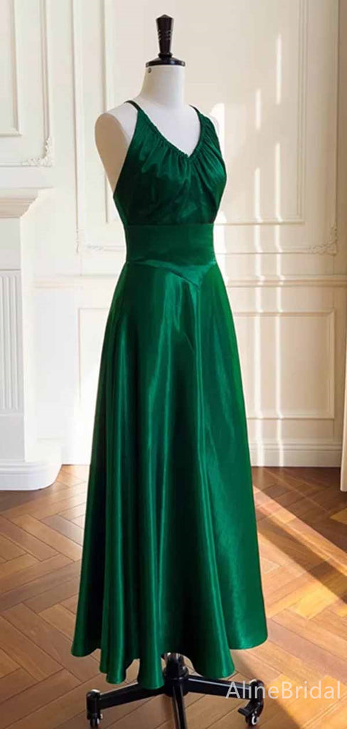 Elegant Green V-neck Spaghetti Strap A-line Long Prom Dress,PD382040