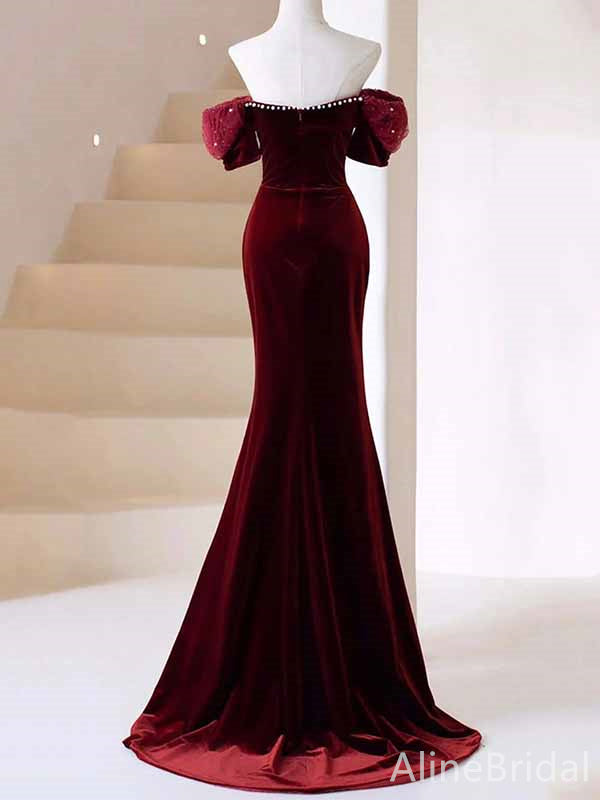 Gorgeous Sweetheart Off-Shoulder Burgundy Mermaid Long Prom Dress,PD382045