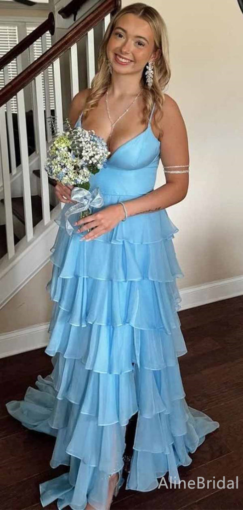 Elegant V-neck Blue Spaghetti Strap Side Slit A-line Long Prom Dress,PD382051