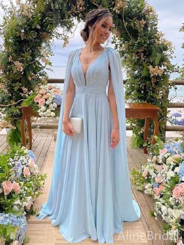 Elegant Light Blue V-neck A-line Long Prom Dress,Evening Dress,PD382076