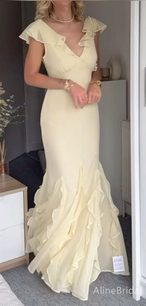 Elegant V-neck Yellow Mermaid Long Prom Dress,Evening Dress,PD382084