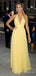 Elegant V-neck Yellow Halter A-line Long Prom Dress,Evening Dress,PD382095