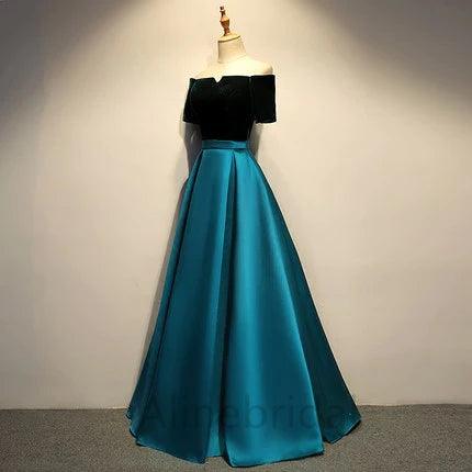 Elegant Off Shoulder Short Sleeves A-line Floor length Prom Dress, PD3705