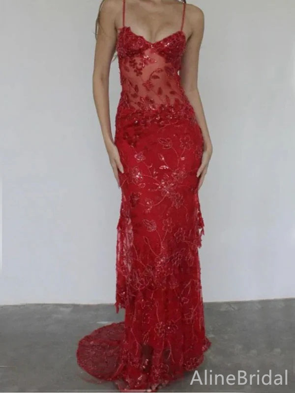 Gorgeous V-neck Spaghetti Strap Lace Appliques Mermaid Long Prom Dress,Evening Dress,PD382135