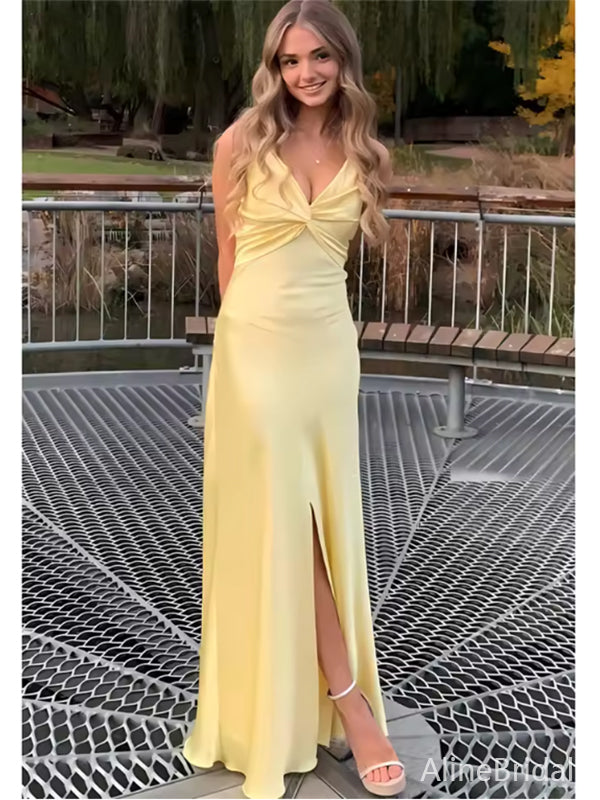 Sexy Satin Bow Backless V-neck Yellow Spaghetti Strap Mermaid Long Prom Dress,PD382015