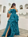 Ruffle Off Shoulder Side Slit Sleeveless A-line Floor length Prom Dress, PD3725