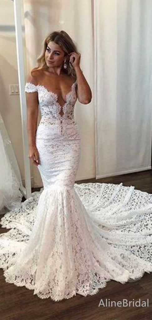 Sexy Deep V-neck Off-Shoulder Mermaid Long Wedding Dresses,WD3084