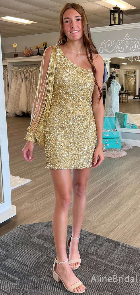 Sparkly Sequins One Shoulder Long Sleeves A-line Short Mini Homecoming Dress, HD3220