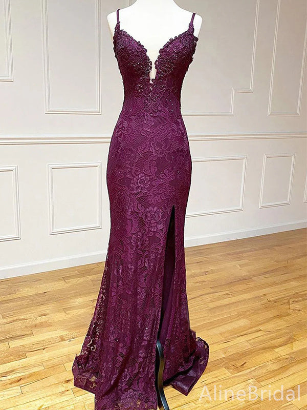 Elegant V-neck Spaghetti Strap Lace Mermaid Long Prom Dress,Evening Dress,PD37744