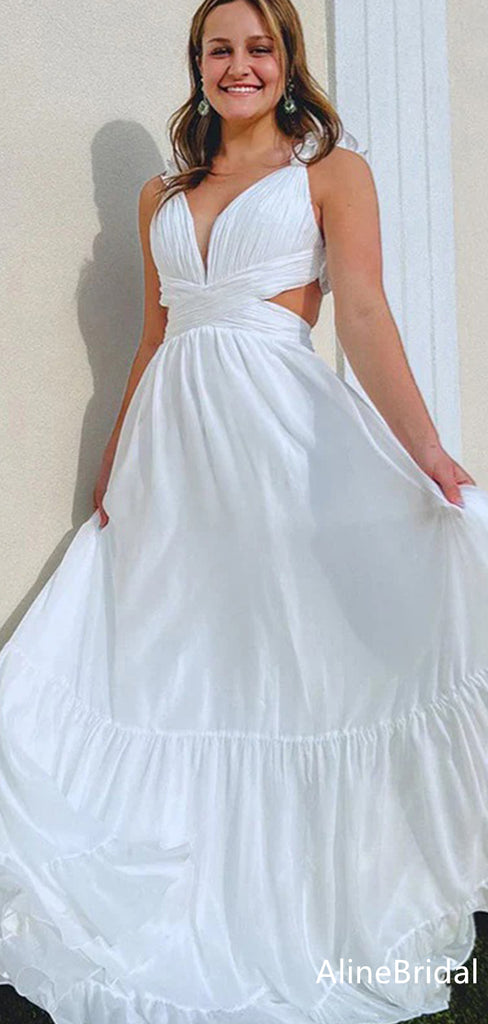 Elegant White V-neck A-line Long Prom Dress,Evening Dress,PD37758