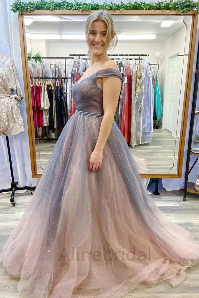 Elegant Off Shoulder Sleeveless A-line Floor length Prom Dress, PD3706