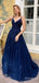 Elegant V-neck Spaghetti Strap Lace Appliques A-line Long Prom Dress,Evening Dress,PD37800