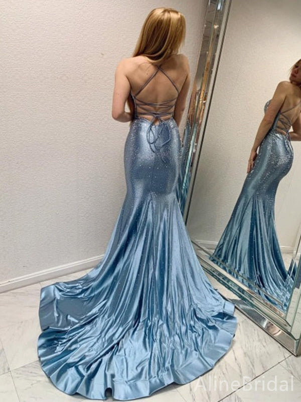 Elegant V-neck Spaghetti Strap Mermaid Long Prom Dress,PD37844